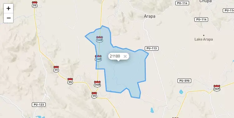 Mapa de la zona del código postal 21180 en Achaya, Puno