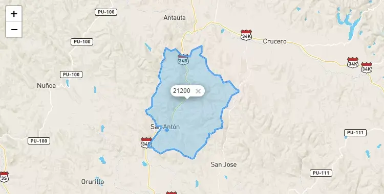 Mapa de la zona del código postal 21200 en San Antón, Puno