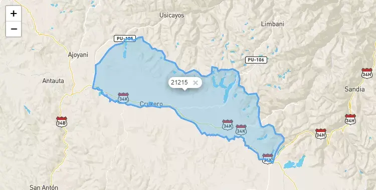 Mapa de la zona del código postal 21215 en Crucero, Puno