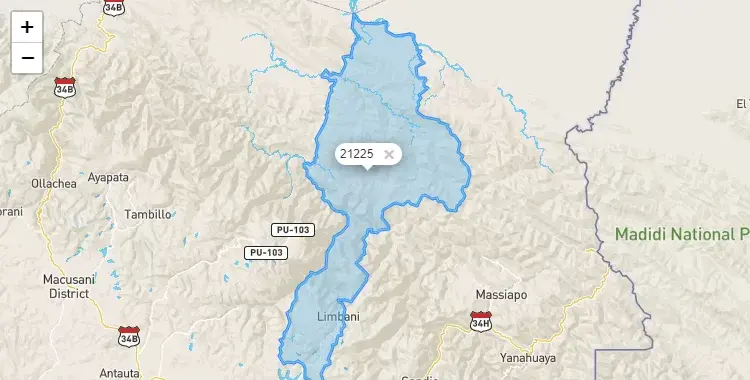 Mapa de la zona del código postal 21225 en Limbani, Puno