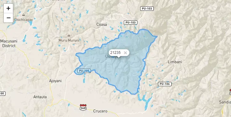 Mapa de la zona del código postal 21235 en Usicayos, Puno