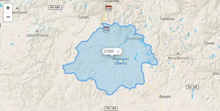 Mapa de la zona del código postal 21250 en Macusani, Puno