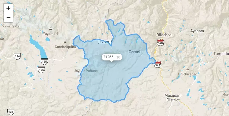 Mapa de la zona del código postal 21265 en Corani, Puno