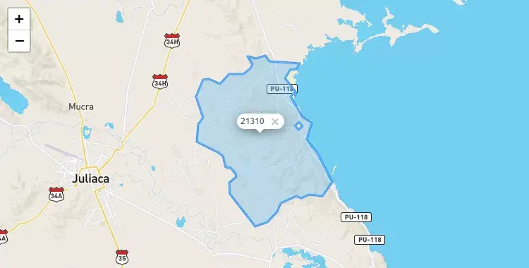 Mapa de la zona del código postal 21310 en Pusi, Puno