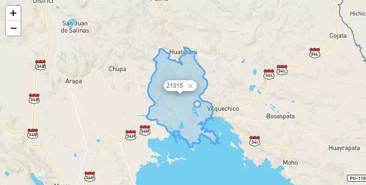 Mapa de la zona del código postal 21315 en Huancané, Puno