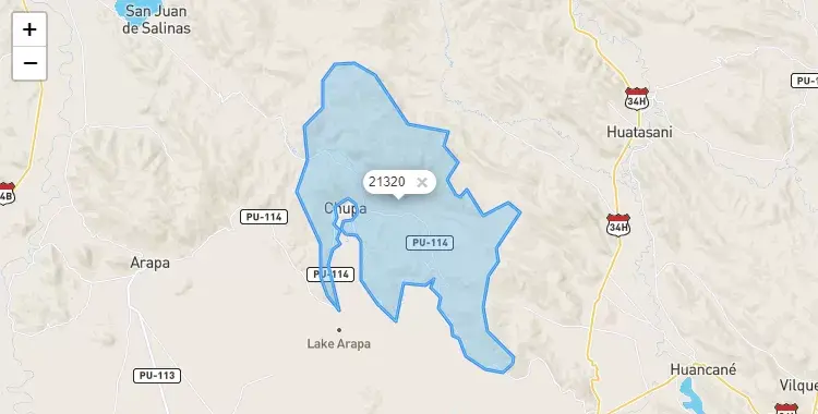 Mapa de la zona del código postal 21320 en Chupa, Puno