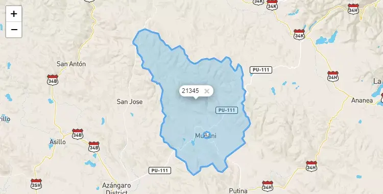 Mapa de la zona del código postal 21345 en Muñani, Puno