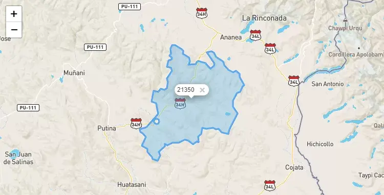Mapa de la zona del código postal 21350 en Quilcapuncu, Puno