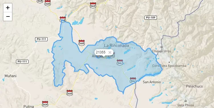 Mapa de la zona del código postal 21355 en Ananea, Puno