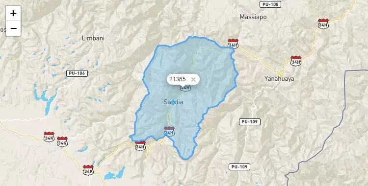 Mapa de la zona del código postal 21365 en Sandia, Puno