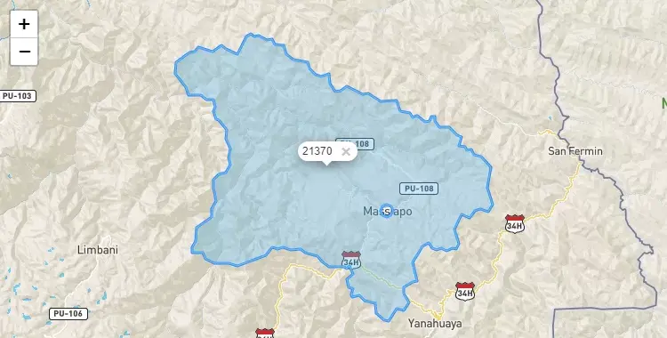 Mapa de la zona del código postal 21370 en Alto Inambari, Puno