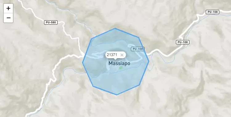 Mapa de la zona del código postal 21371 en Alto Inambari, Puno