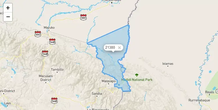 Mapa de la zona del código postal 21380 en San Pedro de Putína Punco, Puno
