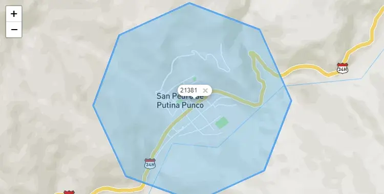 Mapa de la zona del código postal 21381 en San Pedro de Putína Punco, Puno