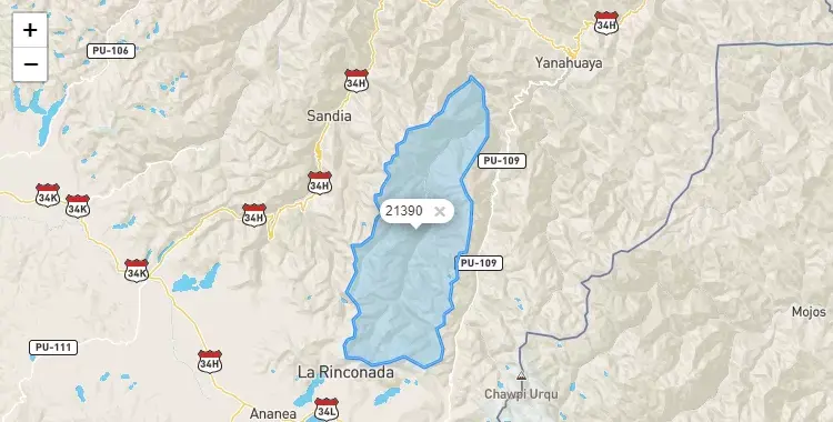 Mapa de la zona del código postal 21390 en Quiaca, Puno