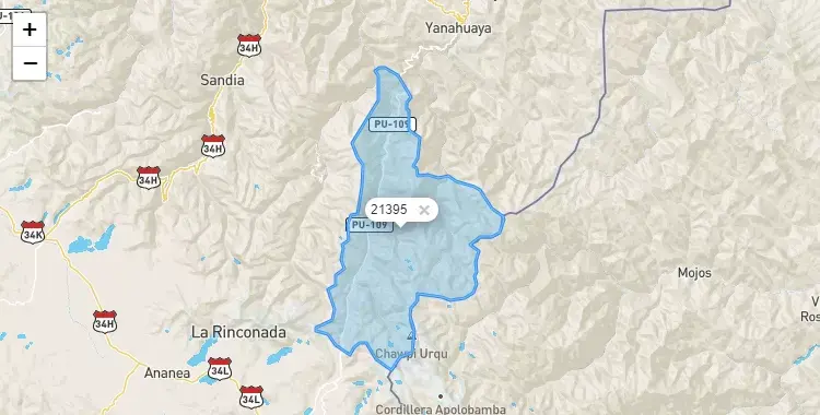 Mapa de la zona del código postal 21395 en Sina, Puno