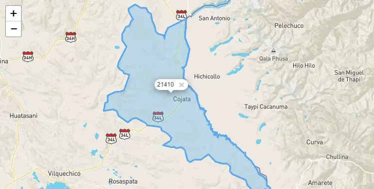 Mapa de la zona del código postal 21410 en Cojata, Puno
