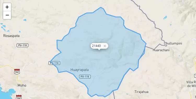 Mapa de la zona del código postal 21440 en Huayrapata, Puno