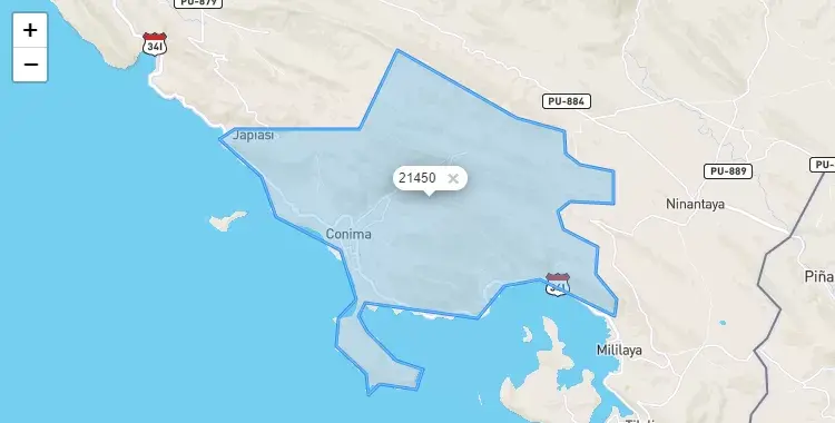 Mapa de la zona del código postal 21450 en Conima, Puno
