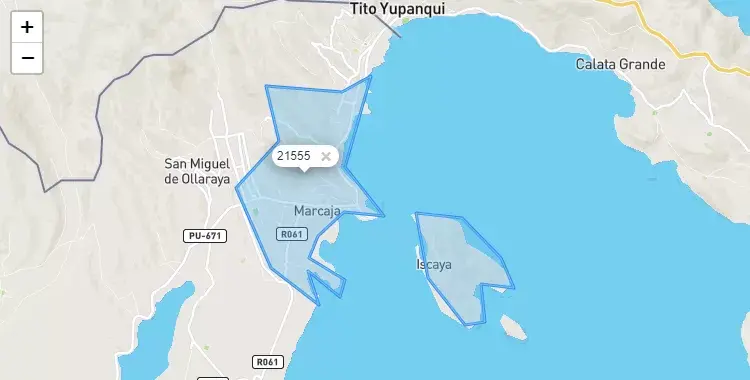 Mapa de la zona del código postal 21555 en Unicachi, Puno