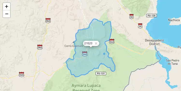 Mapa de la zona del código postal 21620 en Huacullani, Puno