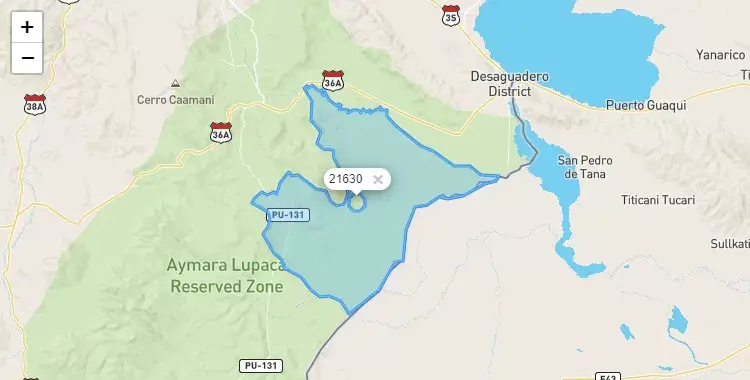Mapa de la zona del código postal 21630 en Kelluyo, Puno
