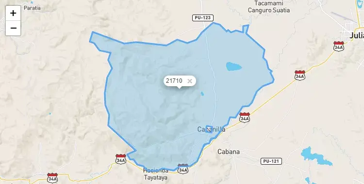 Mapa de la zona del código postal 21710 en Cabanilla, Puno