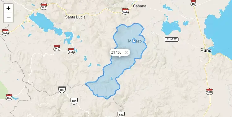 Mapa de la zona del código postal 21730 en Mañozo, Puno