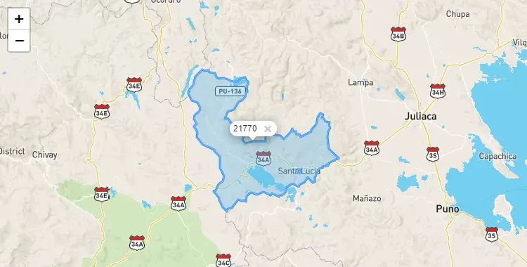 Mapa de la zona del código postal 21770 en Santa Lucía, Puno
