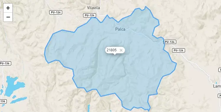 Mapa de la zona del código postal 21805 en Palca, Puno