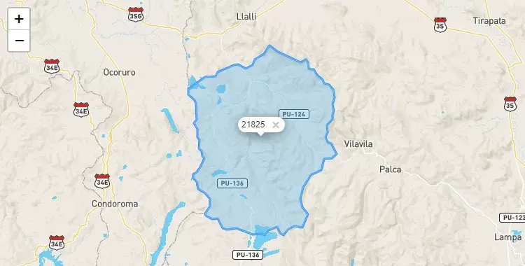 Mapa de la zona del código postal 21825 en Ocuviri, Puno