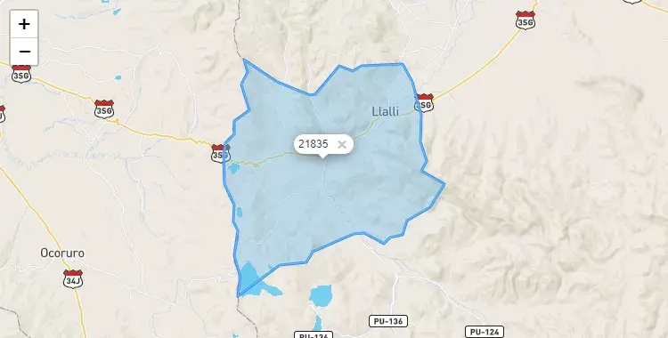 Mapa de la zona del código postal 21835 en Llalli, Puno