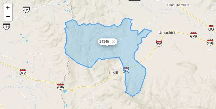Mapa de la zona del código postal 21845 en Cupi, Puno