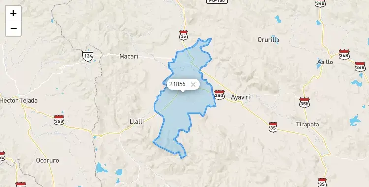 Mapa de la zona del código postal 21855 en Umachiri, Puno