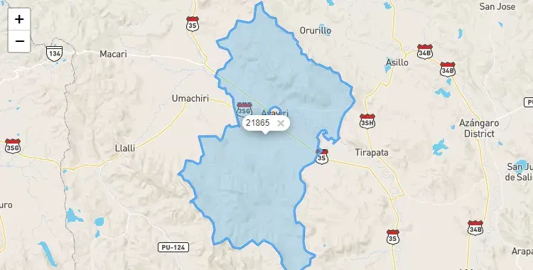 Mapa de la zona del código postal 21865 en Ayavarí, Puno