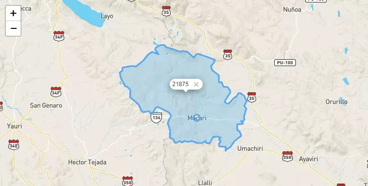 Mapa de la zona del código postal 21875 en Macarí, Puno
