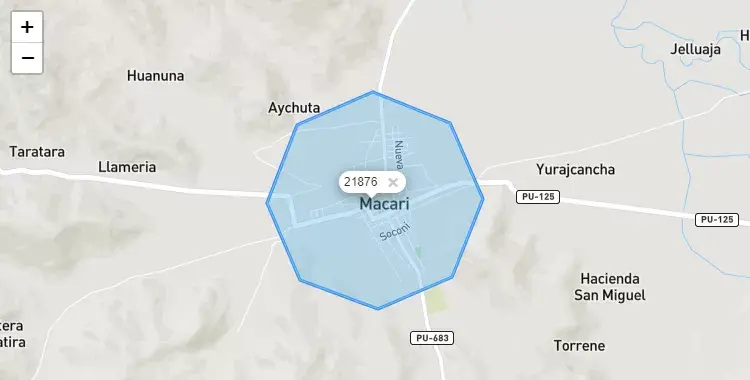 Mapa de la zona del código postal 21876 en Macarí, Puno