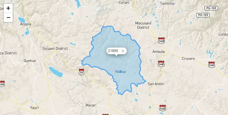 Mapa de la zona del código postal 21895 en Nuñoa, Puno