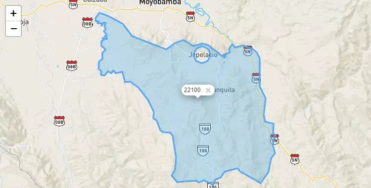 Mapa de la zona del código postal 22100 en Jepelacio, San Martín