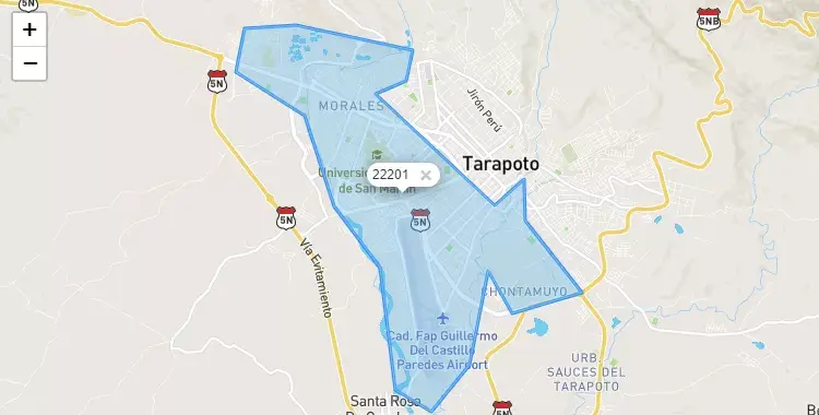 Mapa de la zona del código postal 22201 en Morales, San Martín