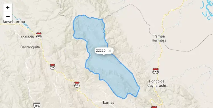 Mapa de la zona del código postal 22220 en San Roque de Cumbaza, San Martín