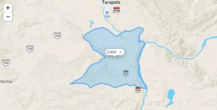 Mapa de la zona del código postal 22400 en Juan Guerra, San Martín