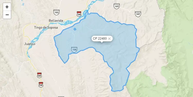 Mapa de la zona del código postal 22480 en Bajo Biavo, San Martín