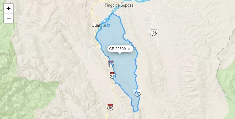 Mapa de la zona del código postal 22500 en Pajarillo, San Martín