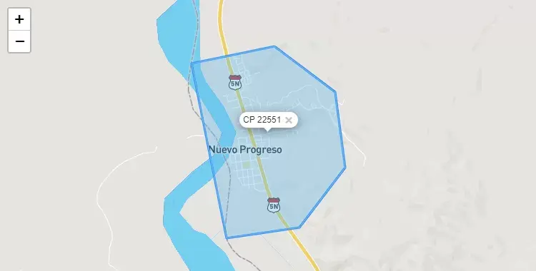 Mapa de la zona del código postal 22551 en Nuevo Progreso, San Martín