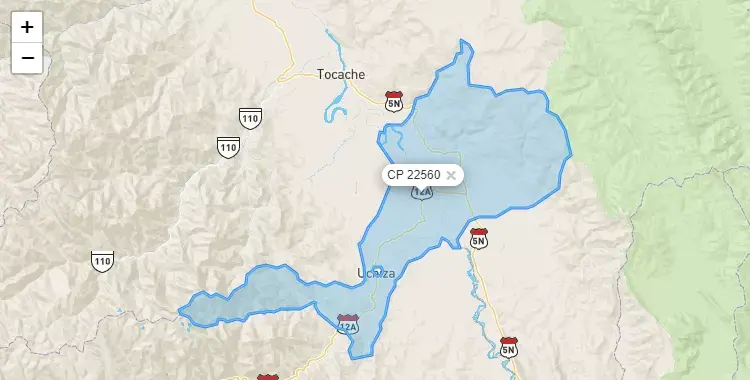 Mapa de la zona del código postal 22560 en Uchiza, San Martín