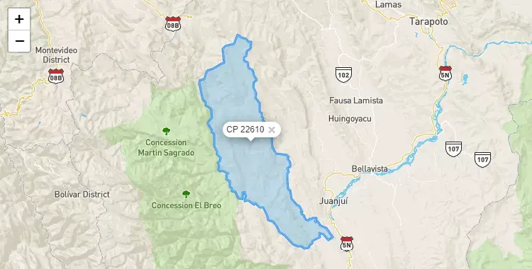 Mapa de la zona del código postal 22610 en Pachiza, San Martín