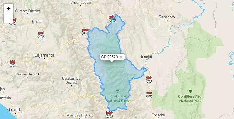Mapa de la zona del código postal 22620 en Huicungo, San Martín