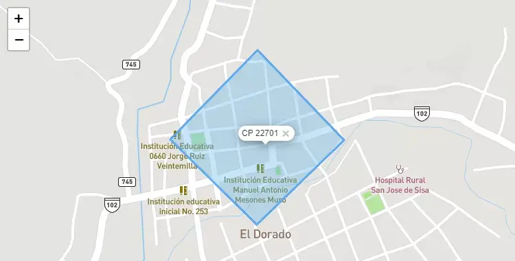 Mapa de la zona del código postal 22701 en San José de Sisa, San Martín