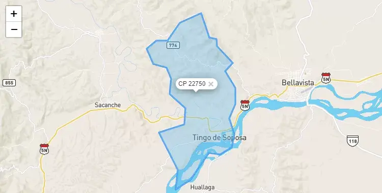Mapa de la zona del código postal 22750 en TIingo de Saposoa, San Martín